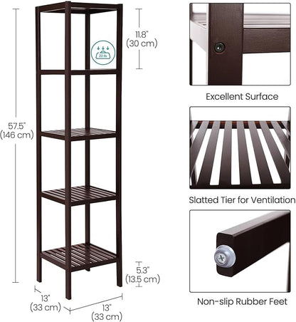 SONGMICS Bamboo Storage Shelf, 5-Tier Shelving Unit, Multifunctional, in the Entryway, Bathroom, Living Room, Balcony, Kitchen, 13 x 13 x 57.5 Inches, Brown UBCB55Z