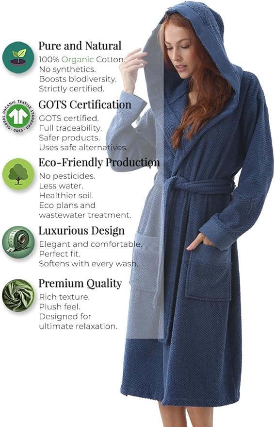 Organic Turkish Cotton Terry Hooded Kimono Bathrobe, Robe for Women
