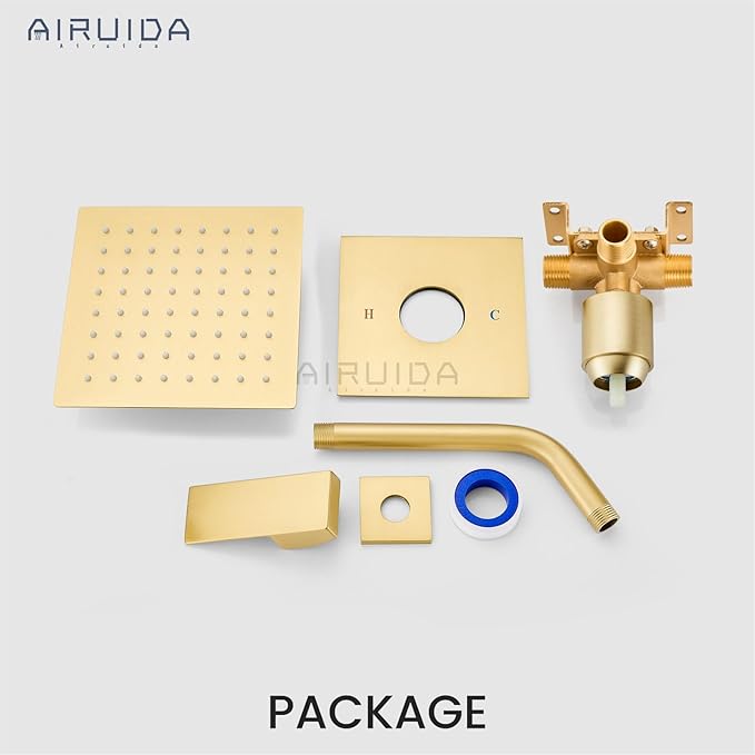 Airuida Shower Faucet Set Bathroom Rain Shower System SUS304 Stainless Steel Single Handle With Male Threads Rough-in Valve Shower Trim Kit 6 Inch Wall Mount Shower Head Brushed Gold