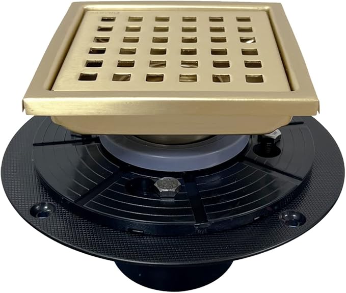 4 Inch Brushed Gold Shower Floor Drain Square for Bathroom Kitchen Removable Grill Plate Cover with Flange Kit, Sus304 Stainless Steel Brass Finish