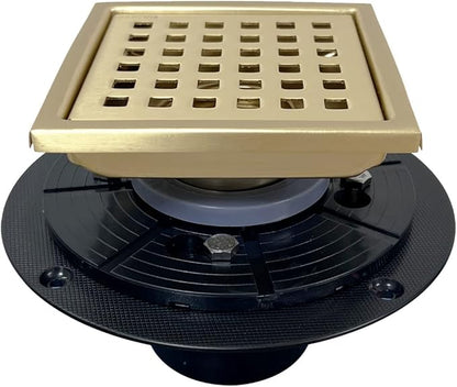 4 Inch Brushed Gold Shower Floor Drain Square for Bathroom Kitchen Removable Grill Plate Cover with Flange Kit, Sus304 Stainless Steel Brass Finish