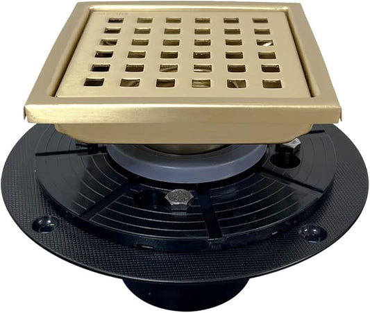 4 Inch Brushed Gold Shower Floor Drain Square for Bathroom Kitchen Removable Grill Plate Cover with Flange Kit, Sus304 Stainless Steel Brass Finish