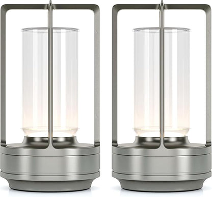 Portable Metal Table Lamp for Indoor/Outdoor ,Rechargeable Cordless LED Lamp, 3-Colour Infinitely Dimming Battery Powered Small Desk Lamp, Restaurant/Bedroom/Bar/Coffee/Camping Light (Sliver Set of 2)