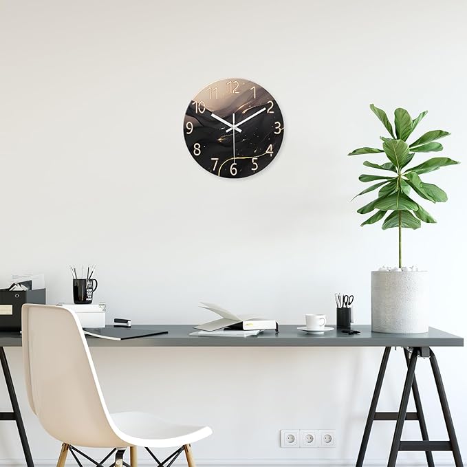 Black and Gold Wall Clocks Battery Operated 14 Inch Wall Clock Silent Non Ticking Glass Decorative Wall Clock for Office
