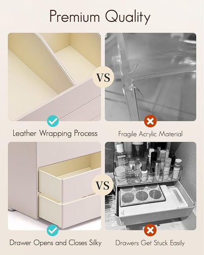 Vlando Makeup Organizer,Skincare Organizer for Vanity，PU Leather Make up Organizer with Drawers Cosmetic Display Case for Countertop,Perfume,Gifts Ideas for Women (Apricot White)