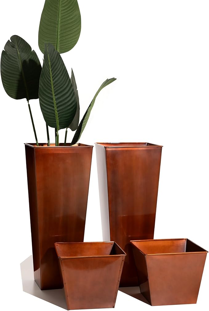 28in Tall Metal Copper Square Planter Galvanized Steel Metal Planters for Indoor/Patio Deck Garden Entrance Planter