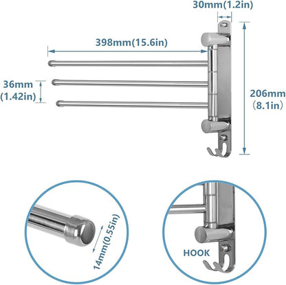 Bathroom Towel Rack JSVER 3 Arms Extended Towel Holder, Swivel Towel Bar, SUS304 Stainless Steel Space Saving Towel Racks for Bathroom, Kitchen
