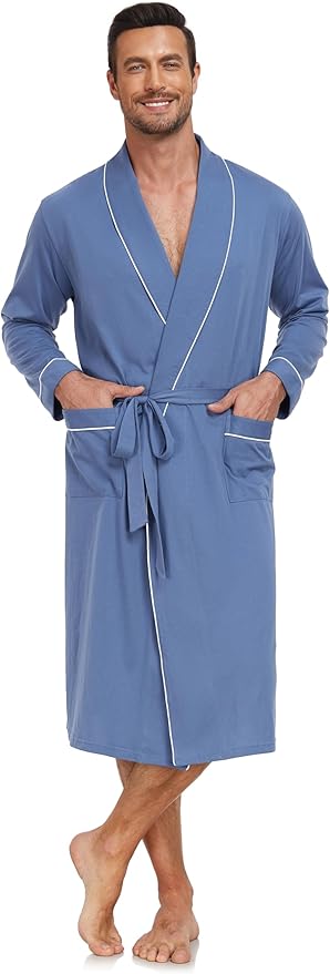 COLORFULLEAF Mens 100% Cotton Robes Lightweight Summer Long Bathrobe Sleepwear Soft Knit Spa Robe with Pockets