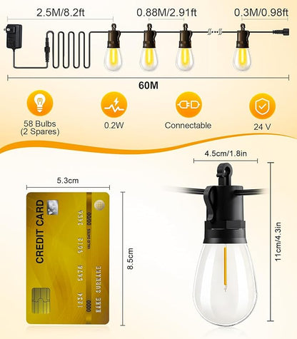 Outdoor String Lights Patio LED Light Outside - 60M IP65 Waterproof 58+2 S14 LED 200ft Porch Lighting