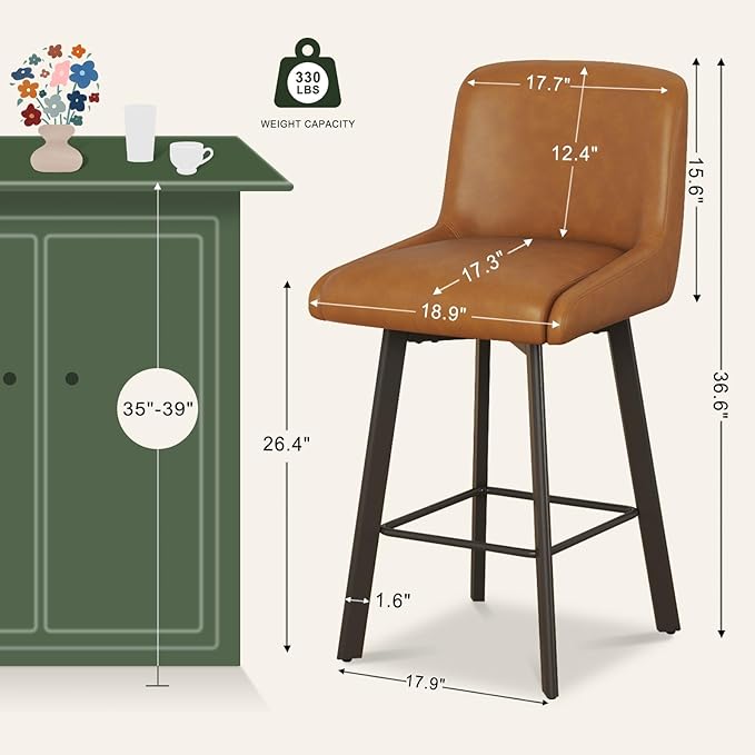 Swivel Counter Height Bar Stools Set of 3, 26''H Upholstered Barstools with Backs, Modern Bar Stool Chairs for Kitchen Island, Metal Legs, Faux Leather, Whiskey Brown Stools Counter Chair