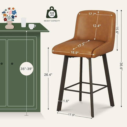 Swivel Counter Height Bar Stools Set of 3, 26''H Upholstered Barstools with Backs, Modern Bar Stool Chairs for Kitchen Island, Metal Legs, Faux Leather, Whiskey Brown Stools Counter Chair