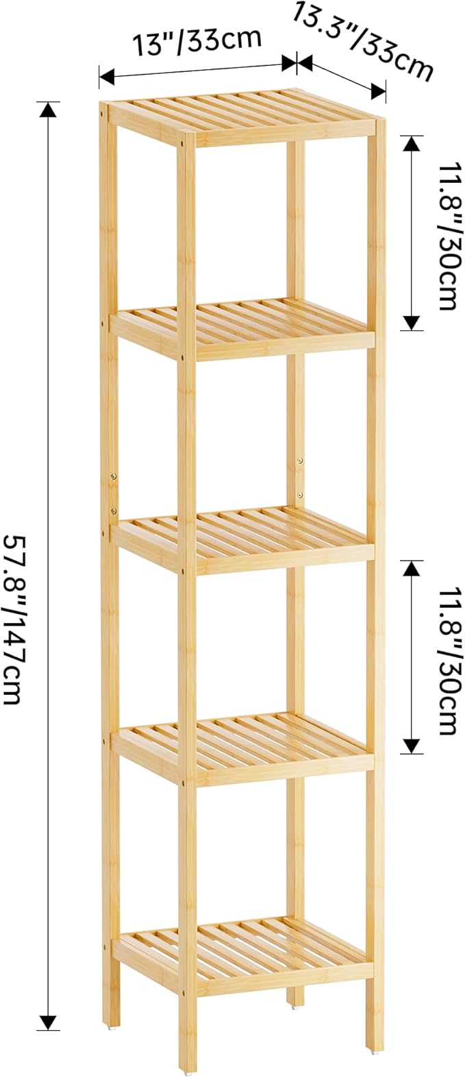 SMIBUY Bathroom Storage Shelf, 5-Tier Bamboo Rack Organizer, Multifunctional Shelving Unit for Living Room Bedroom Kitchen (Natural)