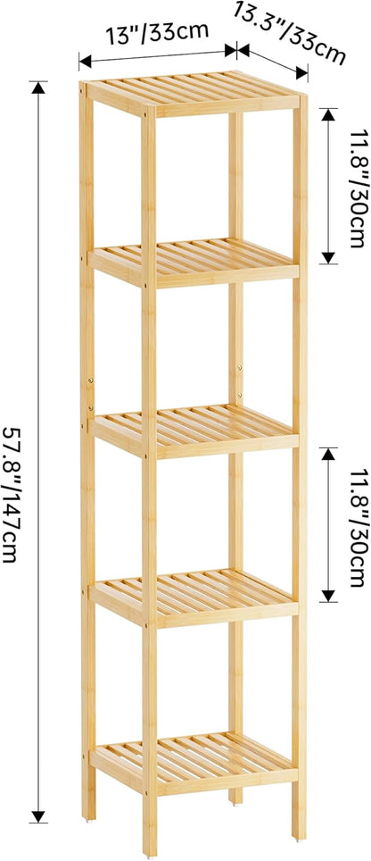 SMIBUY Bathroom Storage Shelf, 5-Tier Bamboo Rack Organizer, Multifunctional Shelving Unit for Living Room Bedroom Kitchen (Natural)