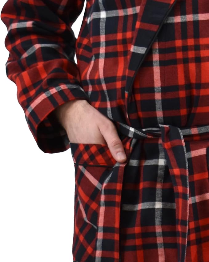 Andrew Scott Mens' Robe with Hoodie| Cotton Flannel Brush Plaid | All Season | Full Length House Robe