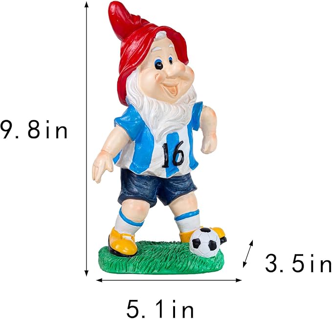 Outdoor Gnome Sculpture Soccer Garden Gnome Statue, 9.8 x 5.1 x 3.5 inches, Red Hat with Blue Jersey The for Football Enthusiasts