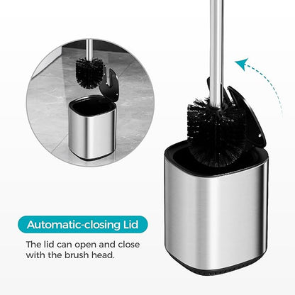 Toilet Brush and Holder Set Toilet Bowl Brush Stainless Steel Automatic Open lid Toilet Bowl Cleaner Brush with Durable Bristle Head Toilet Cleaning Brush for Bathroom