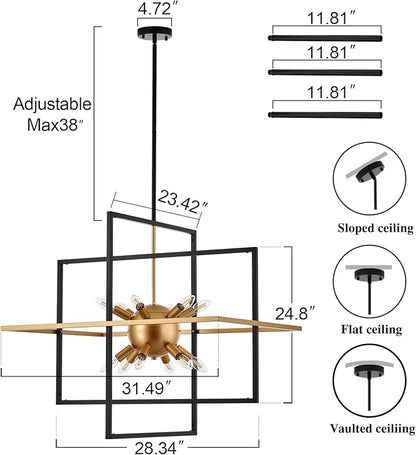31.5'' Large Modern Lantern Chandeliers, 12-Light Black Gold Geometric Pendant Light Fixture, Industrial Hanging Chandelier for Entryway Foyer Hallway Dining Room, Kitchen Island