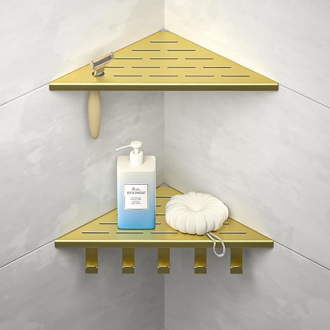 10‘’ Corner Shower Shelf, 304 Stainless Steel Shelves for Bathroom, Grout in Shelf with Hooks for Tiled Wall (Gold)