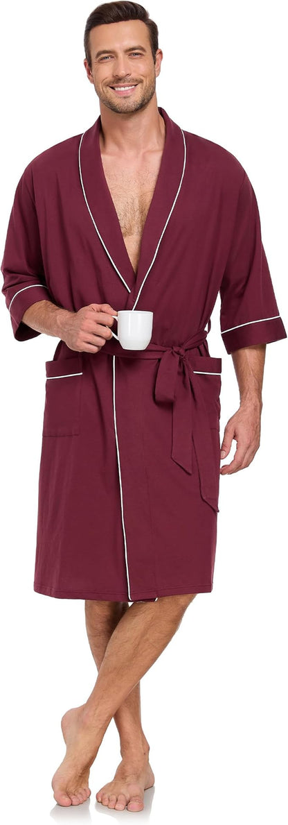 CF Men's Robe Cotton Bathrobe Soft Short Sleeve Bath Robes Shower Robe for Spa Soft Kimono Lightweight Sleepwear with Pockets
