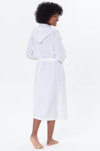 Women’s Luxury Waffle Shawl Collar, Hooded Robe w Piping – Lightweight, Long, Ultra Soft Spa Sleepwear Bathrobe