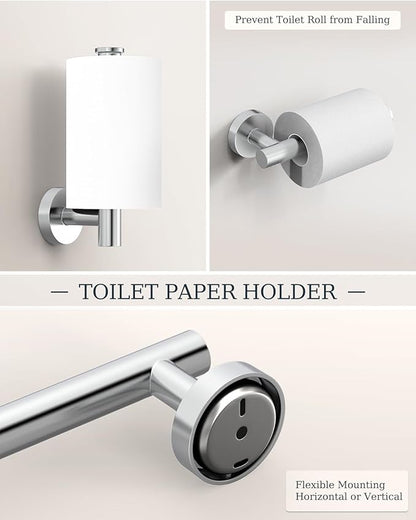 Chrome Bathroom Accessories Set, SUS304 Stainless Steel 5 Pieces Bathroom Hardware Set, 26 Inch Bath Towel Bar Set, 2 Towel Hooks, Toilet Paper Holder, Towel Racks for Bathroom Wall Mounted