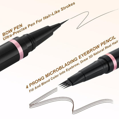 Eyebrow Pen Makeup Kit, with 4 Tip Waterproof Microblading Eyebrow Pencil, Eyeliner, Eyebrow Pomade and Dual-ended Eyebrow Brush, Brow Pencil Eyebrow Kit for Natural Looking - Dark Coffee