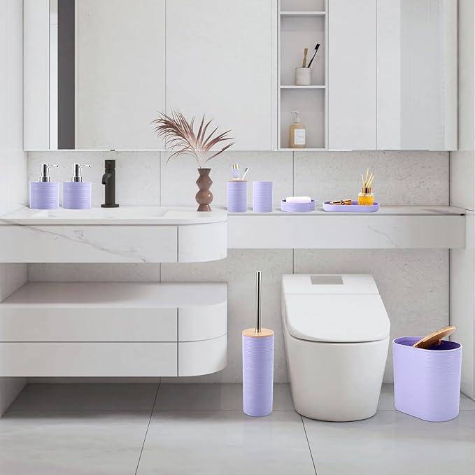 Purple Bathroom Set, Purple Bathroom Accessories Set with Trash Can, 2PCS Soap Dispensers, Soap Dish, Toothbrush Holder, Toothbrush Cup,Toilet Brush, Tray and Qtip Holders for Bathroom Decor