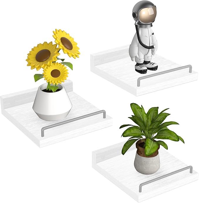 Small Floating Shelf, 6X6 Inches Farmhouse Wall Shelves for Living Room, Bedroom, Picture Frames, Plants, Kitchen, Set of 3 (White and Grey)