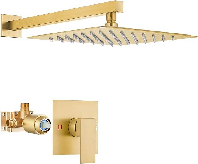 Airuida Shower Faucet Set Bathroom Rain Shower System SUS304 Stainless Steel Single Handle With Male Threads Rough-in Valve Shower Trim Kit 12 Inch Wall Mount Shower Head Brushed Gold