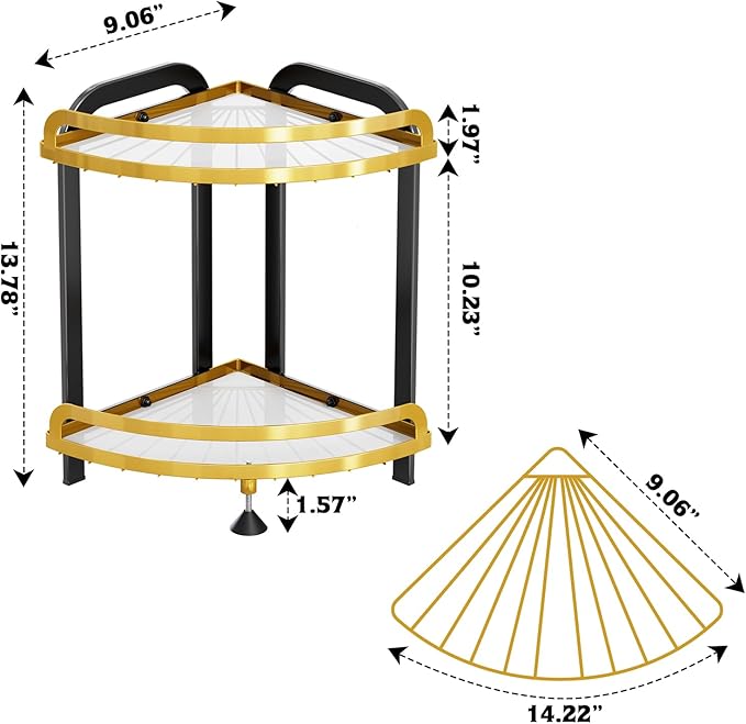 2 Tier Bathroom Organizer Countertop XL Corner Shelf, Black Gold Bathroom Counter Organizers, Large Capacity Vanity Shelves, Corner Skincare Makeup Storage, 9''W x 9''L x 13.78''H