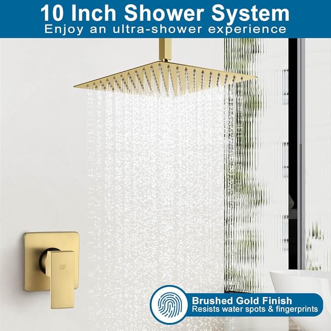 POP SANITARYWARE Ceiling Mount Shower Faucet Set Brushed Gold Bathroom Rainfall 10 Inch Shower Head System Single Handle Shower Trim Kit with Valve