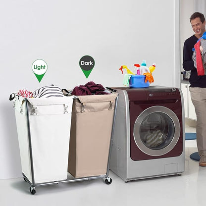 280L Laundry Cart with Wheels, Commercial Large Rolling Laundry Sorter, Heavy Duty Divided 2 Section Laundry Hamper with Steel Frame and Removable Bag for Laundry Room, Bedroom,Hotel Mix Color