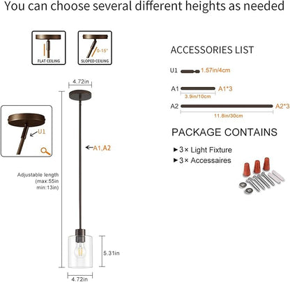 Oil Rubbed Bronze Pendant Lights Kitchen Island - Clear Glass Pendant Light Fixture Multiple Stems Rods 3 Units 12 Inch 3 Units 4 Inch (3 Pack Oil Rubbed Bronze Downrod)