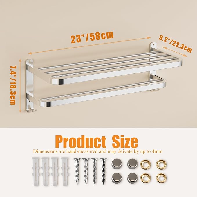 DDS-DUDES Bathroom Towel Rack Towel Shelf with Double Towel Bars Lavatory Wall Mount Holder with Hooks Stainless Steel Hotel Bath Rack 23 inches