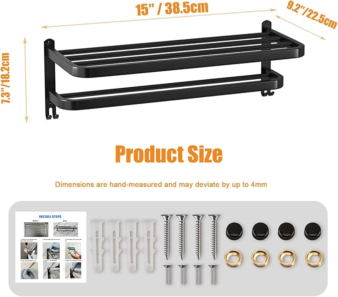DDS-DUDES Black Towel Racks for Bathroom Towel Shelf with Double Towel Bars Lavatory Wall Mount Holder with Hooks Stainless Steel Hotel Bath Rack (Matte Black 15 inches)