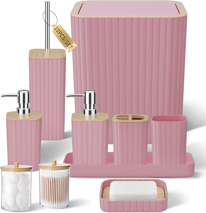 Bathroom Accessories Set - Elegant Pink Bathroom Set, 10PC Bathroom Accessory Set, Toilet Brush, Bathroom Trash Can