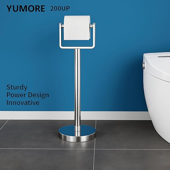 YUMORE Toilet Paper Holder Free Standing, Stainless Steel Toilet Paper Stand, Weighted Base Floor Tissue Roll Holder for Bathroom, Chrome 200UP