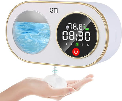 Touchless Automatic Foaming Hand Soap Dispenser Wall Mount,Kitchen Bathroom,Modern Smart Home,USB Type-C Rechargeable,Long Battery Life,Time and Temperature Display,5-Level Adjustable,10.8 oz