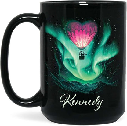 Customized Name Coffee Cup, Custom Hot Air Balloon Mug With Heart-Shaped, Personalized Northern Lights Ceramic Mug, Gift For Couples On Valentine's Day, Love Black Cup 11oz Or 15oz