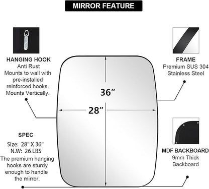 ANDY STAR Black Mirror for Bathroom, 28x36 Inch Stainless Steel Metal Frame Oblong Bathroom Mirror for Vanity, 1’’ Deep Wall Mounted Vertically/Horizontal