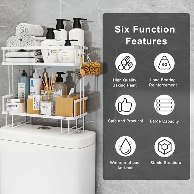 Over The Toilet Storage Shelf, 2-Tier Bathroom Storage Organizer Upgrade Punch-Free Toliet Storage Shelf, Home Storage Rack with Hooks Shelf,White