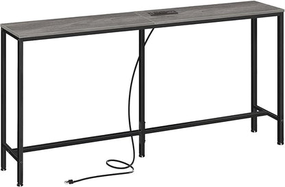 SUPERJARE Console Table with Outlet, 63 Inch Sofa Table with Charging Station, Narrow Hallway Entryway Table, Behind Couch Table Skinny for Entryway, Living Room, Plants, Charcoal Gray