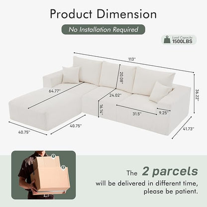 Boneless Sectional Cloud Couch Sofa for Living Room, 112" L-Shaped Modular Modern Lounge Sleeper Beige Couches with Chaise, No Assemble, Cordury Compression Upholstered Sofas