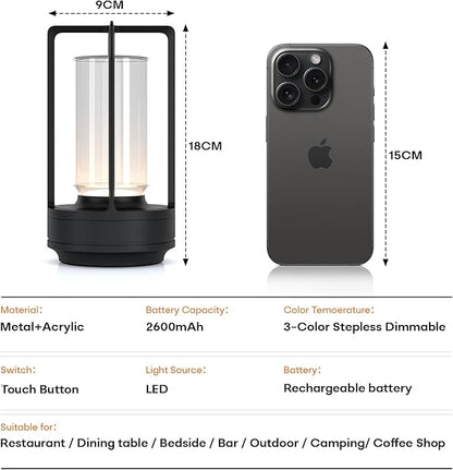 Portable Metal Table Lamp for Indoor/Outdoor ,Rechargeable Cordless LED Lamp, 3-Colour Infinitely Dimming Battery Powered Small Desk Lamp, Restaurant/Bedroom/Bar/Coffee/Camping Light (Black Set of 2)