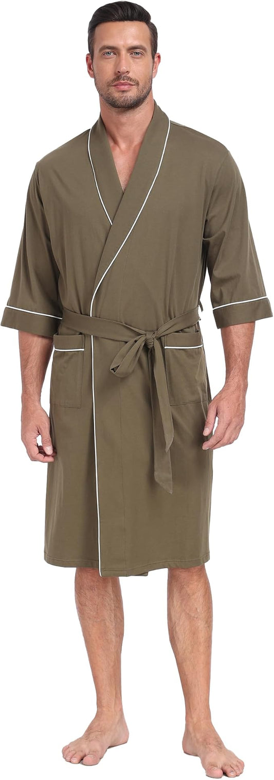 CF Men's Robe Cotton Bathrobe Soft Short Sleeve Bath Robes Shower Robe for Spa Soft Kimono Lightweight Sleepwear with Pockets