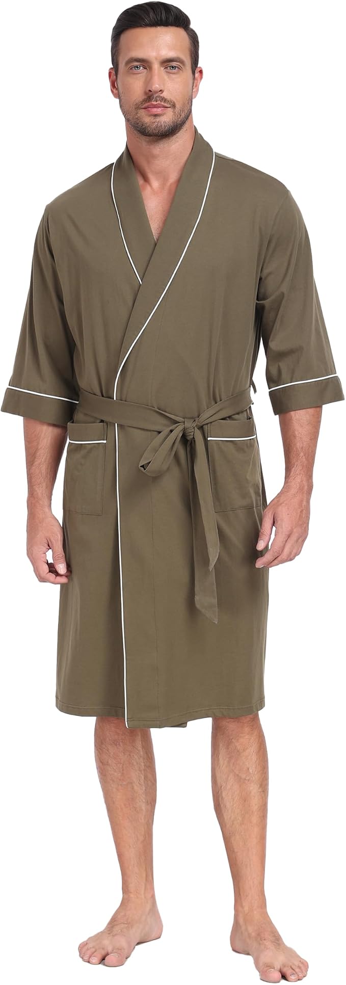 CF Men's Robe Cotton Bathrobe Soft Short Sleeve Bath Robes Shower Robe for Spa Soft Kimono Lightweight Sleepwear with Pockets