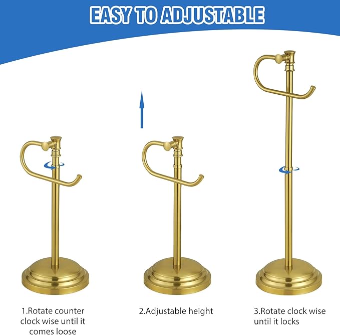 RUMOSE Toilet Paper Holder Stand for Floor, Brushed Gold Adjustable (12.4" to 22.8") Bathroom Toilet Tissue Holder, Free Standing Toilet Paper Roll Holder with Storage, Stainless Steel