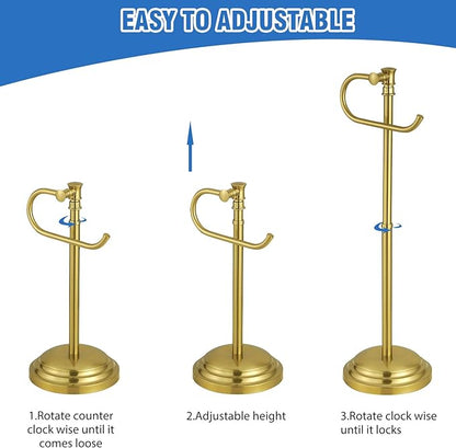 RUMOSE Toilet Paper Holder Stand for Floor, Brushed Gold Adjustable (12.4" to 22.8") Bathroom Toilet Tissue Holder, Free Standing Toilet Paper Roll Holder with Storage, Stainless Steel