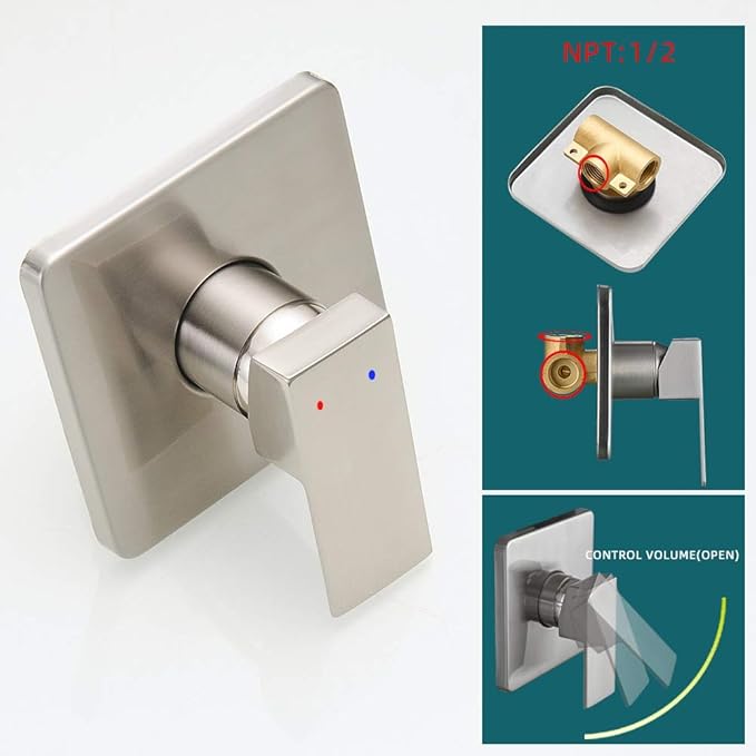 Shower Faucet Set Brushed Nickel, Single Function Shower Trim Kit with Rough-in Valve, Square Rain Shower Head System Included Extra Long Shower Arm for Bathroom