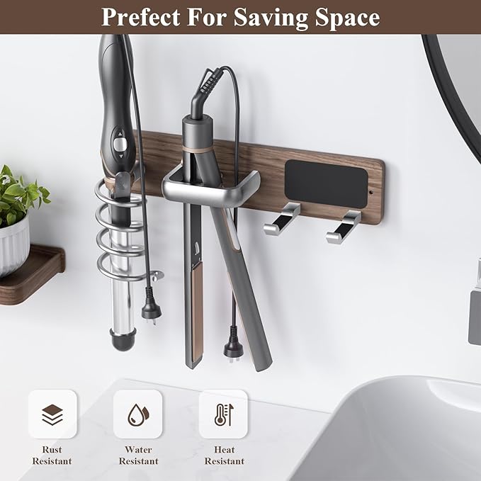 Tindbea Hair Dryer Holder Curling Iron Holder Flat Iron, Blow Dryer Holder Wall Mount, 3 in 1 Bathroom Hair Tool Organizer Rack for Universal Dryer, Walnut Wood Silver Color Metal